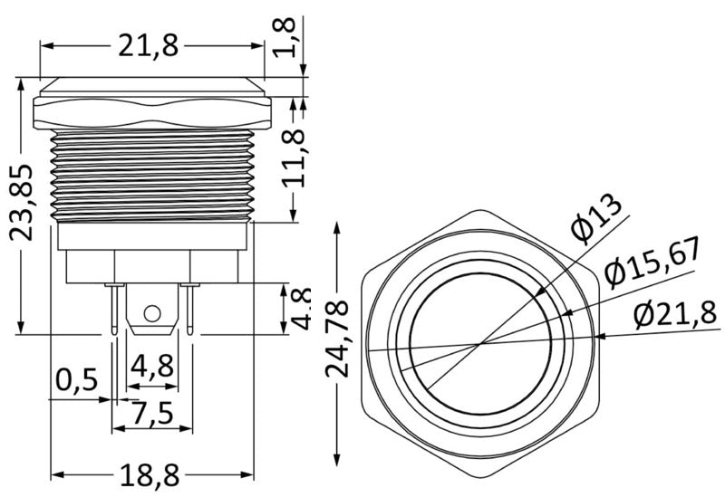 FLAT S.S. switch (MOMENTARY ON)-OFF 12/24V red LED (pack of 10) - foto originale Osculati Srl