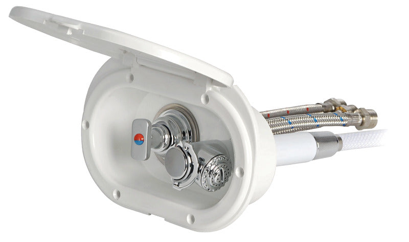 Oval shower box white PVC hose 2.5 m rear outlet Rear shower outlet - foto originale Osculati Srl