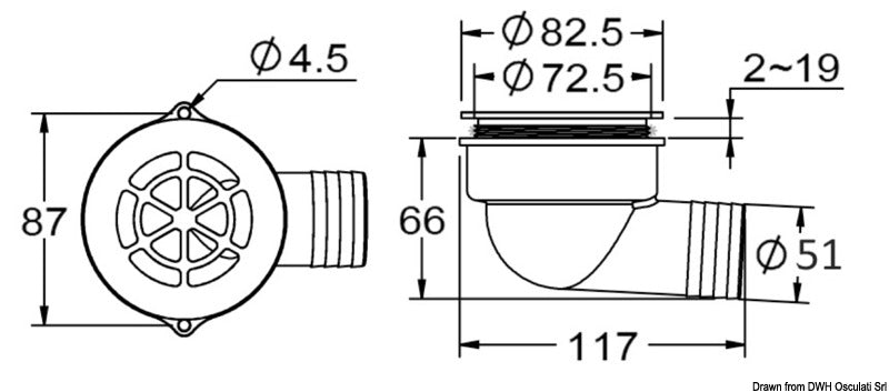 90° cockpit drain with w/check valve ø 2" - foto originale Osculati Srl