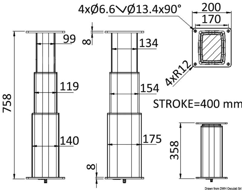 Noval Square aluminum pedestal 3-heights 24V - foto originale Osculati Srl