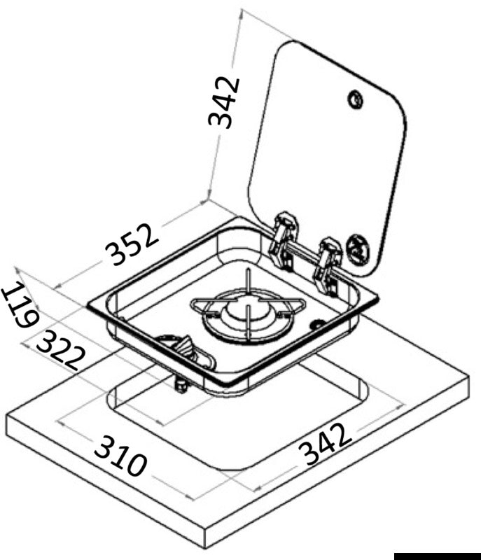 SS hob unit w/tinted glass cover 1 burner recess 119 mm - foto originale Osculati Srl