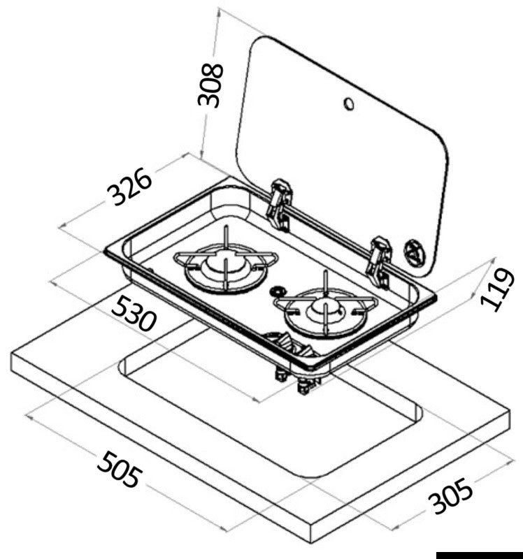 SS hob unit w/tinted glass cover 2 burners recess 119 mm - foto originale Osculati Srl