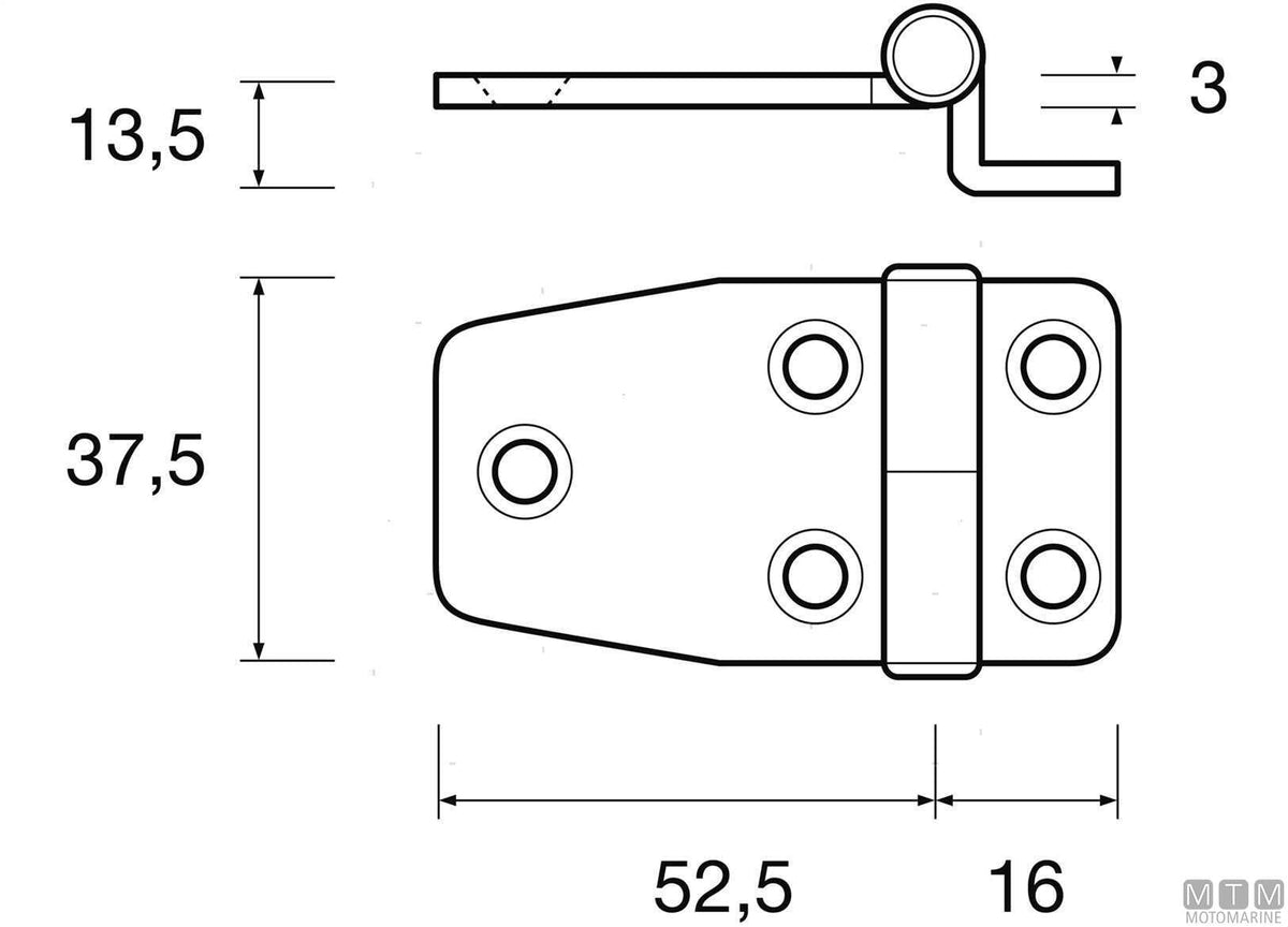 Heavy-duty overhang hinge 37.5x68.5 mm H 13.5 mm, 316 stainless steel - original photo Motomarine Srl