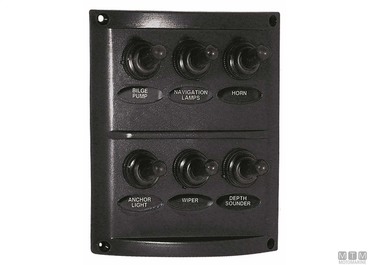 Panel with LED lever switches, 6 positions, 125x90 mm - original photo Motomarine Srl