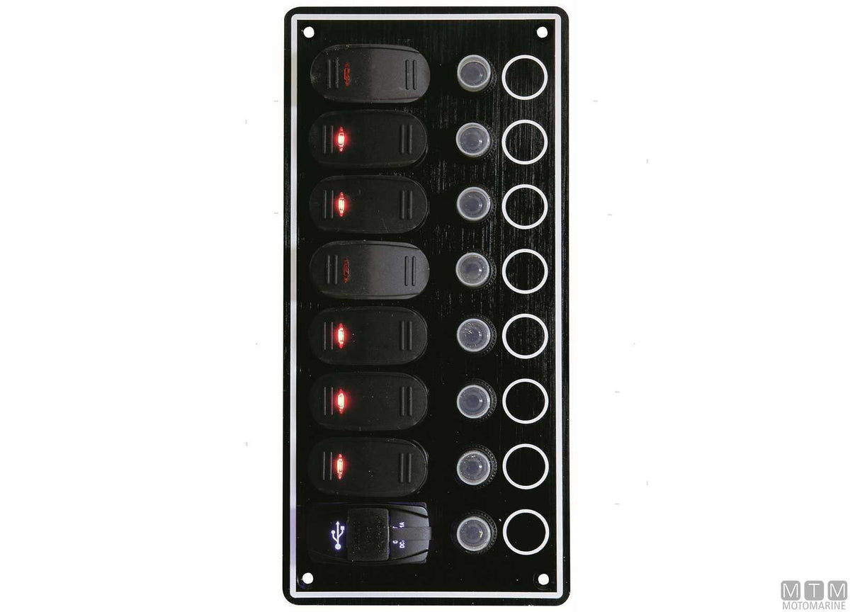 Aluminium panel with 8-position rocker switches - original photo Motomarine Srl