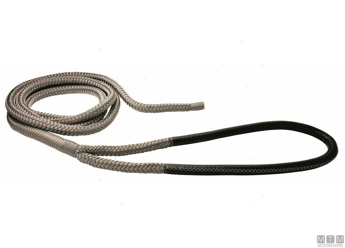 Grey braided mooring line with black leather-covered eye, 75 cm, Ø28 mm, 6 m - original photo Motomarine Srl