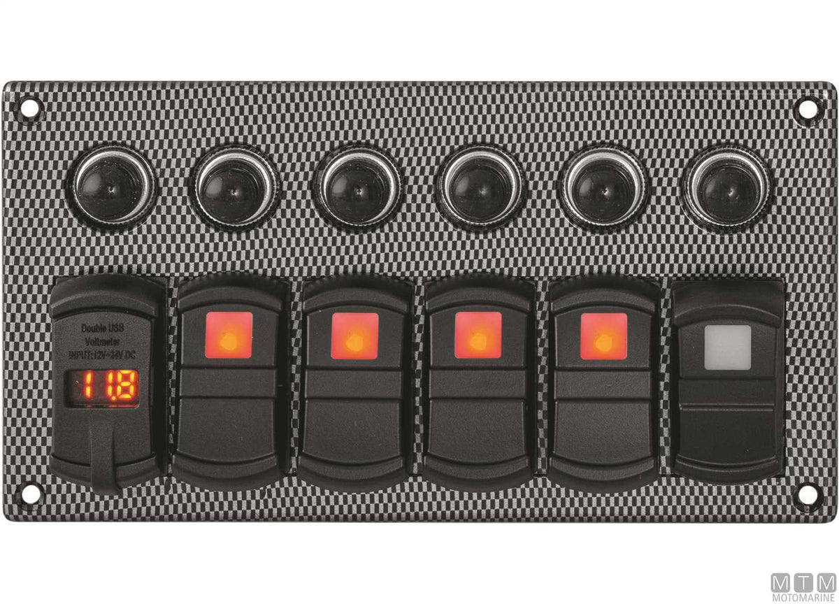 Carbon-effect panel with 3-position rocker switches + USB/voltmeter - original photo Motomarine Srl