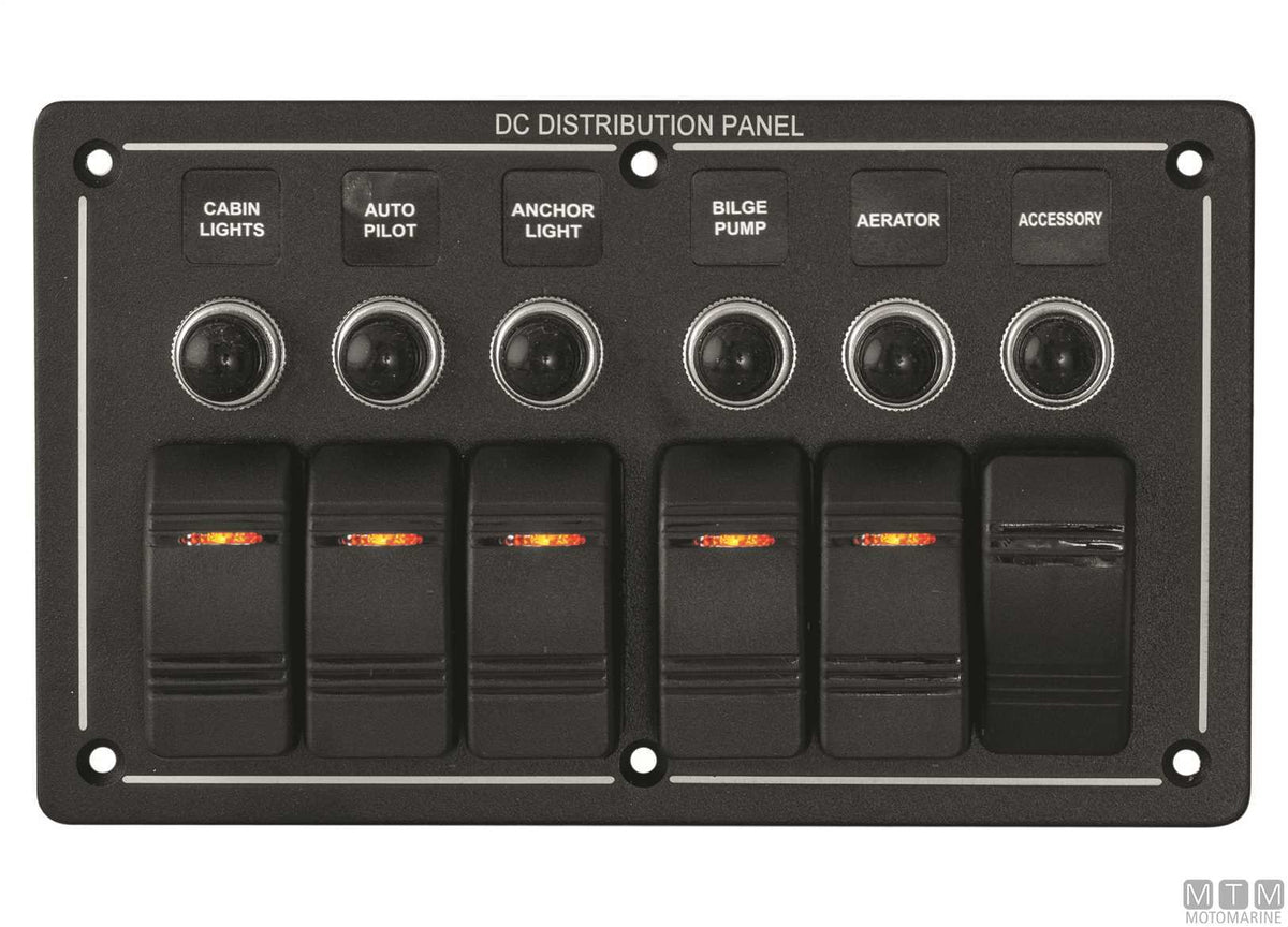 Black aluminium panel with 8-position rocker switches - original photo Motomarine Srl