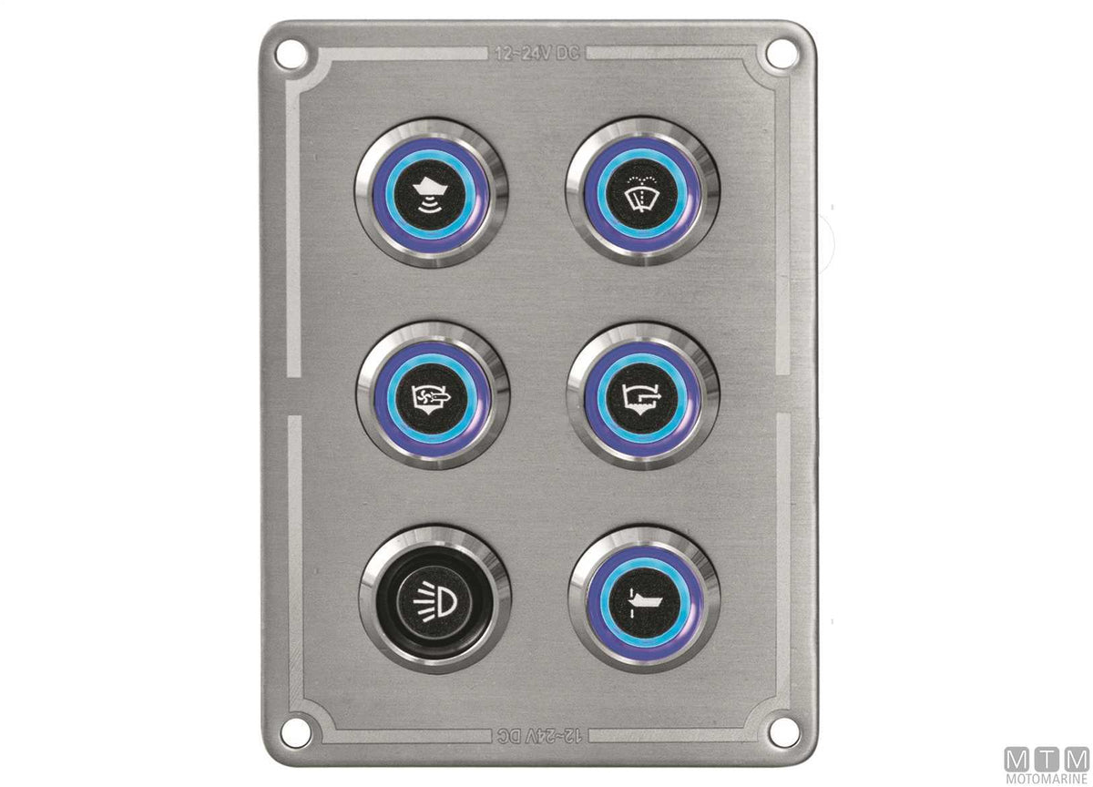 Stainless steel panel with stainless steel push-button switches, 4 positions, 80x80 mm - original photo Motomarine Srl