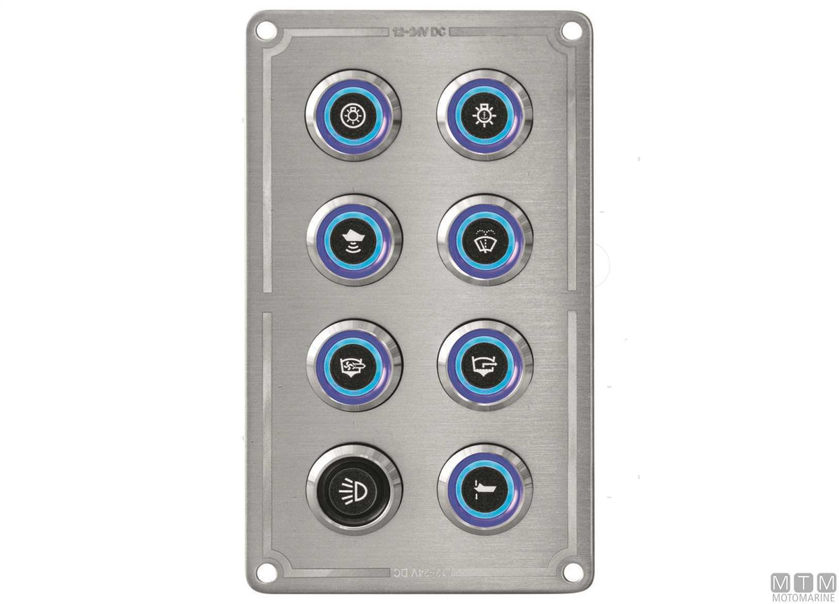 Stainless steel panel with stainless steel push-button switches, 6 positions, 80x110 mm - original photo Motomarine Srl