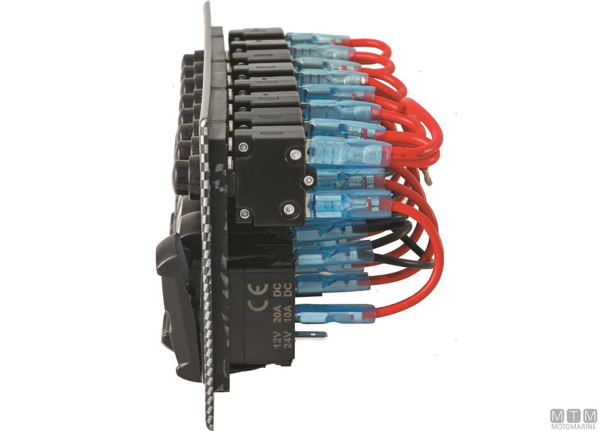 Carbon-effect panel with 5-position rocker switches + USB/voltmeter - original photo Motomarine Srl