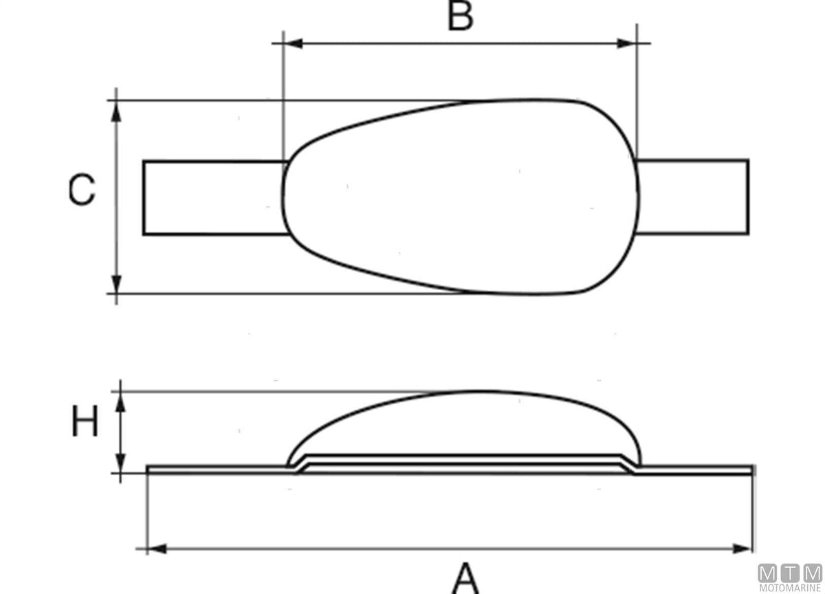 Drop-shaped plate anode with weld-on insert L135 mm 2.2 kg zinc - original photo Motomarine Srl