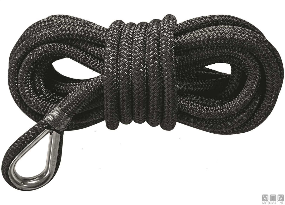 16-strand black mooring braid with stainless steel thimble Ø20 mm 15 m - original photo Motomarine Srl