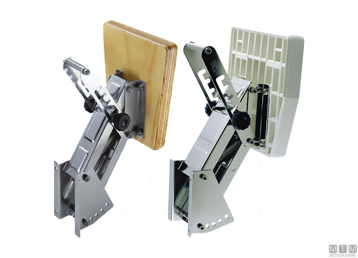 Adjustable pantograph engine bracket <20 HP stainless steel and wood - original photo Motomarine Srl