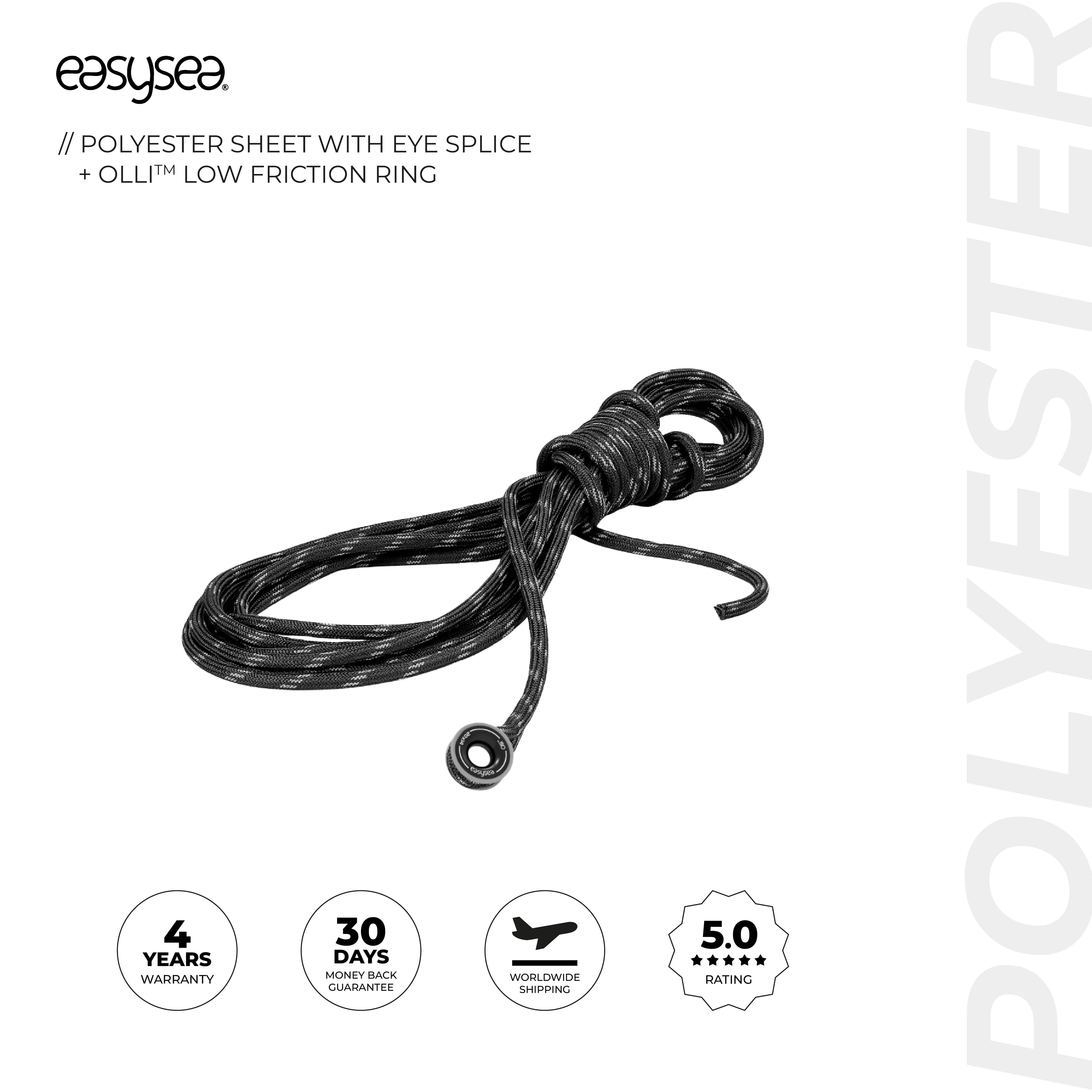 Polyester Sheet with Eye Splice + Olli™ - Anti Shock low friction ring aluminium M already Integrated into the Eye Splice