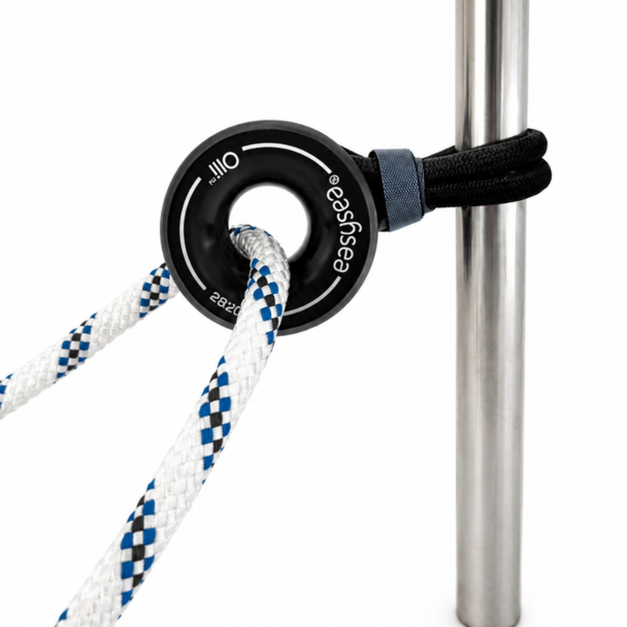 Olli low friction ring lashed to a stainless steel stanchion with the covered loop, line running through