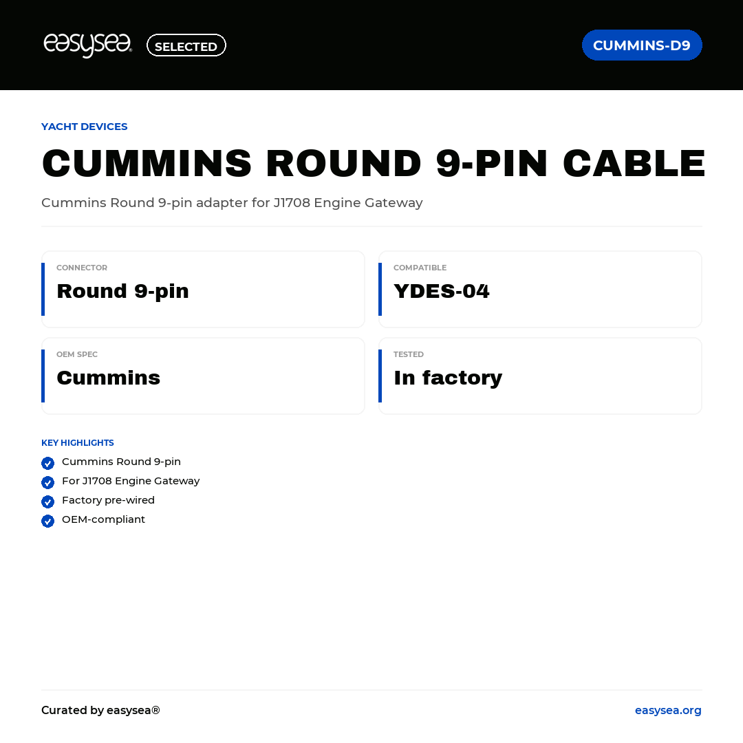 easysea Selected — Yacht Devices Cavo Adattatore Cummins Round 9-pin — Spec card