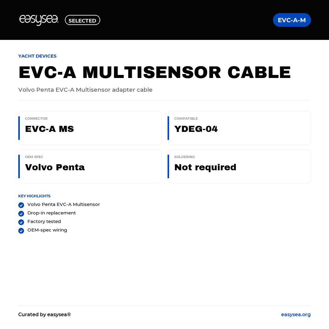 easysea Selected — Yacht Devices Cavo Adattatore EVC-A Multisensor — Spec card