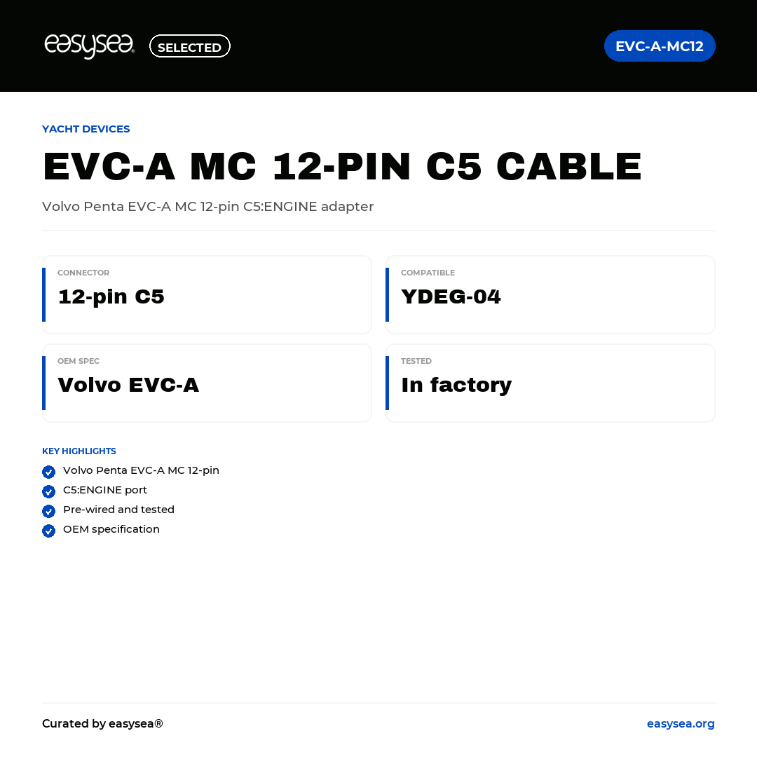 easysea Selected — Yacht Devices Cavo Adattatore EVC-A MC 12-pin C5:ENGINE — Spec card