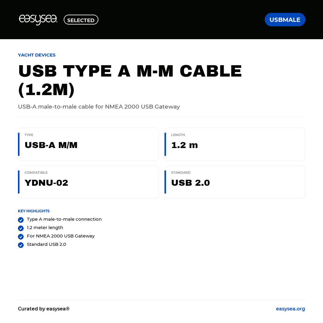 easysea Selected — Yacht Devices Cavo USB Type A Maschio-Maschio (1,2 m) — Spec card