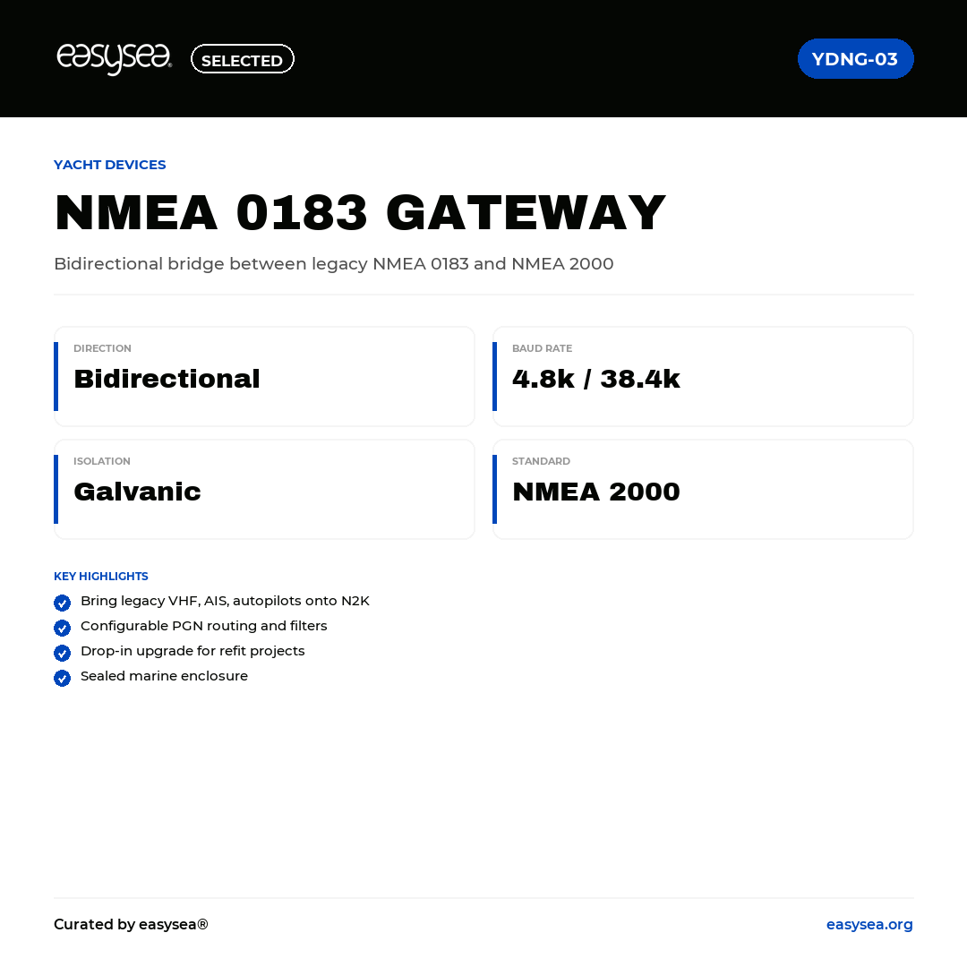 easysea Selected — Yacht Devices NMEA 0183 Gateway YDNG-03 — Spec card