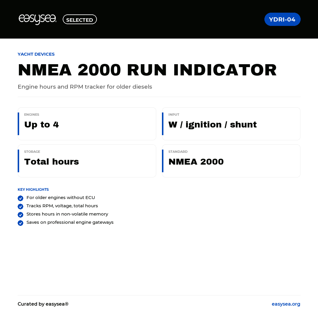 easysea Selected — Yacht Devices NMEA 2000 Run Indicator YDRI-04 — Spec card