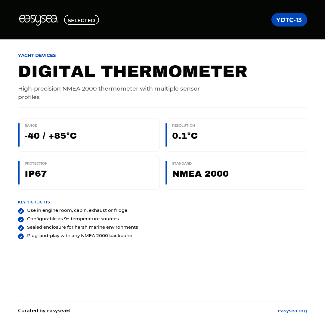 easysea Selected — Yacht Devices Termometro Digitale YDTC-13 — Spec card