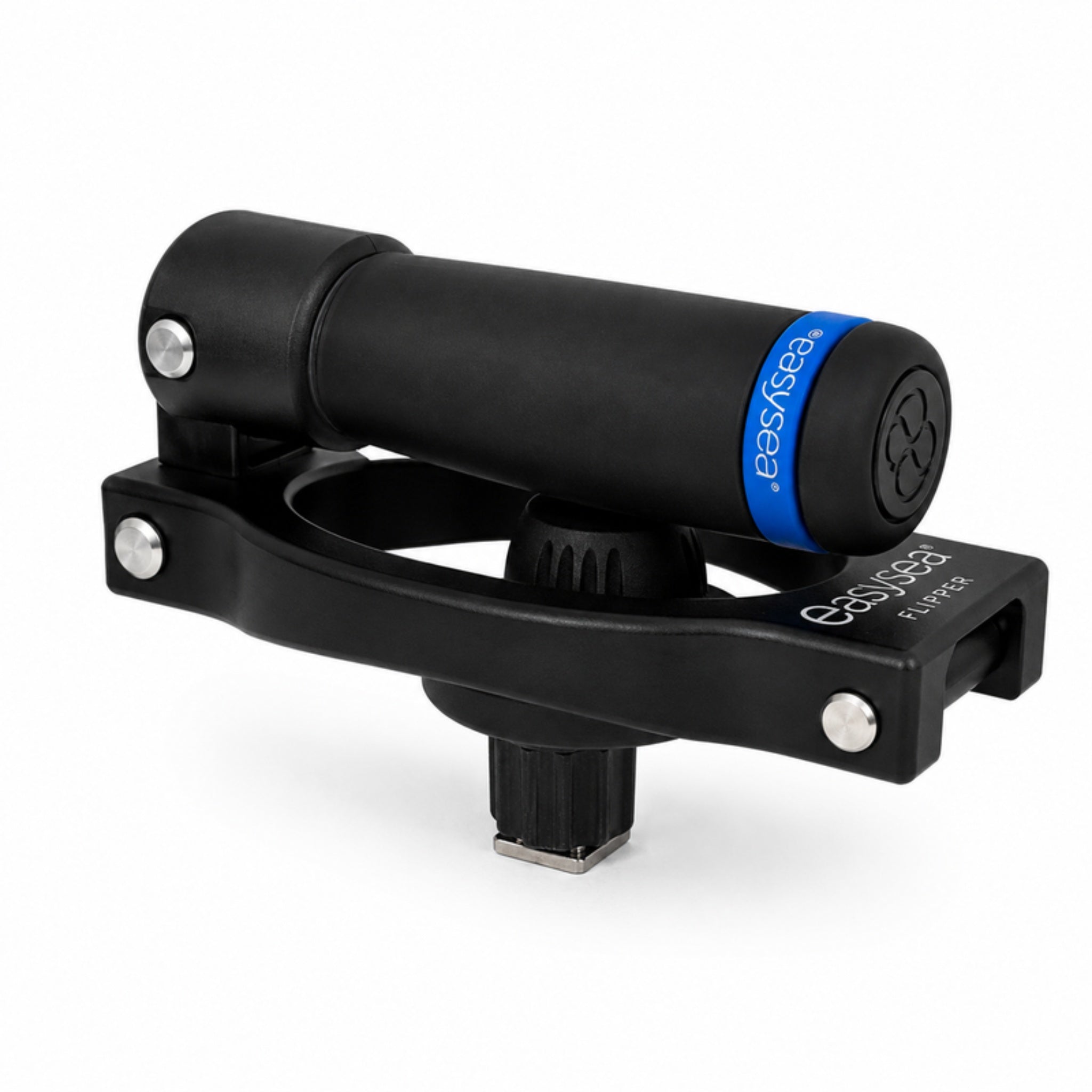 Flipper foldable winch handle at 45 degrees showing the CNC-machined aluminium arm and the ergonomic grip