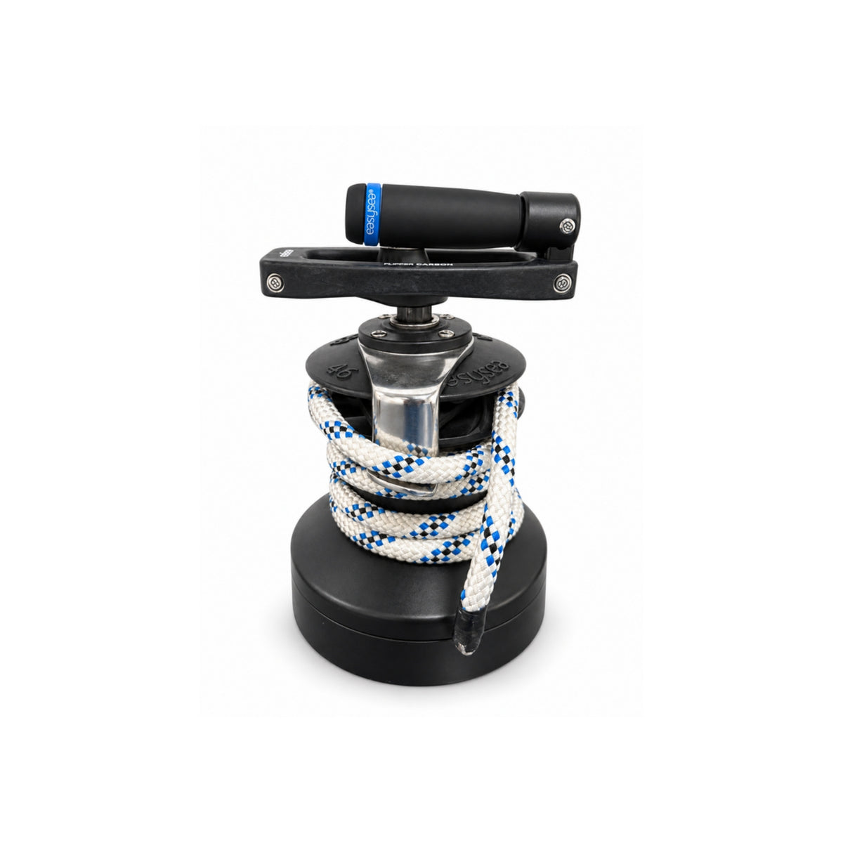 Flipper Max Carbon winch handle fitted on a sailboat winch in closed position, folded flat on the drum
