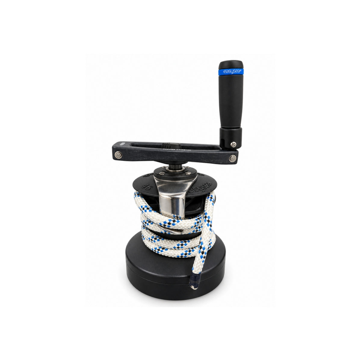 Flipper Max Carbon winch handle in open position on a winch, grip upright with the long carbon lever ready to crank