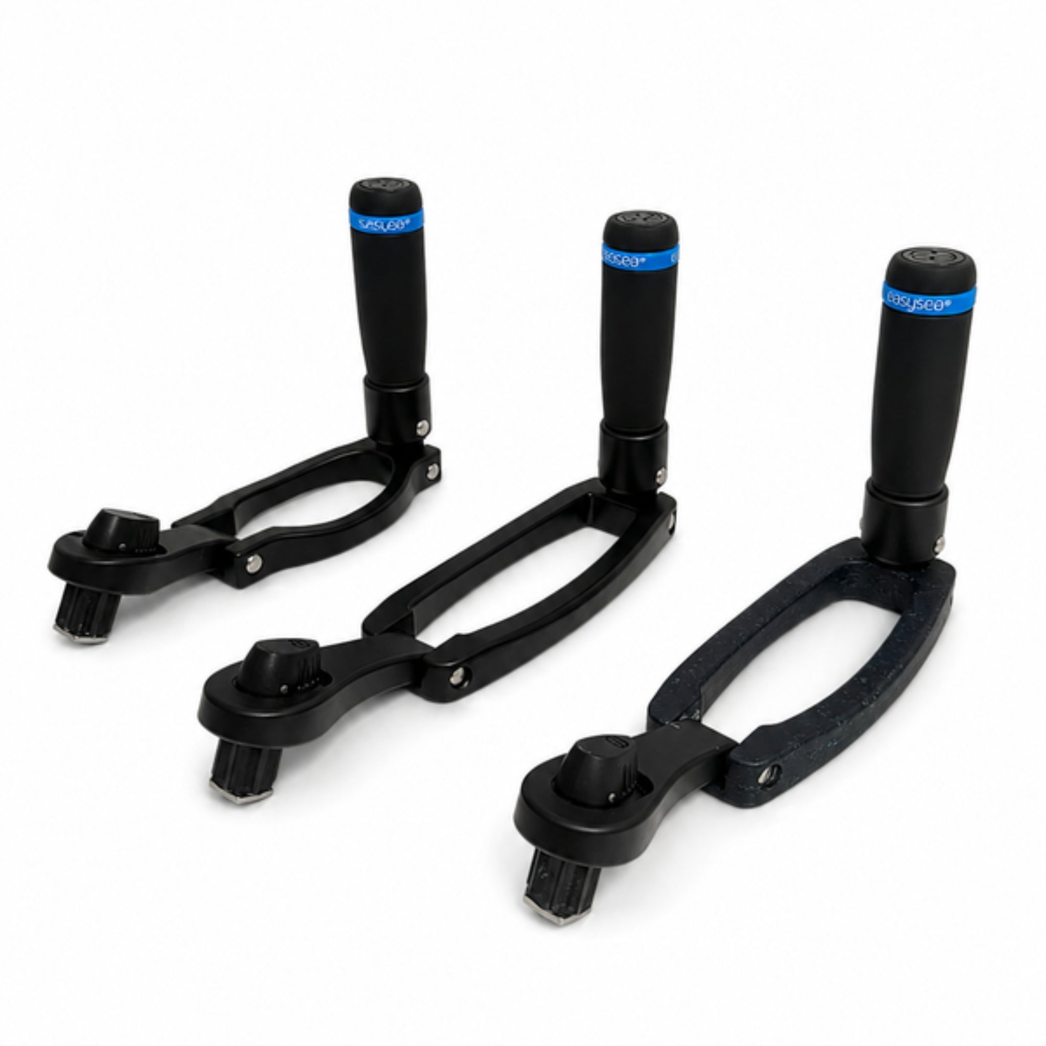 The easysea Flipper winch handle range side by side, from the standard Flipper to the longer Max and Max Carbon versions