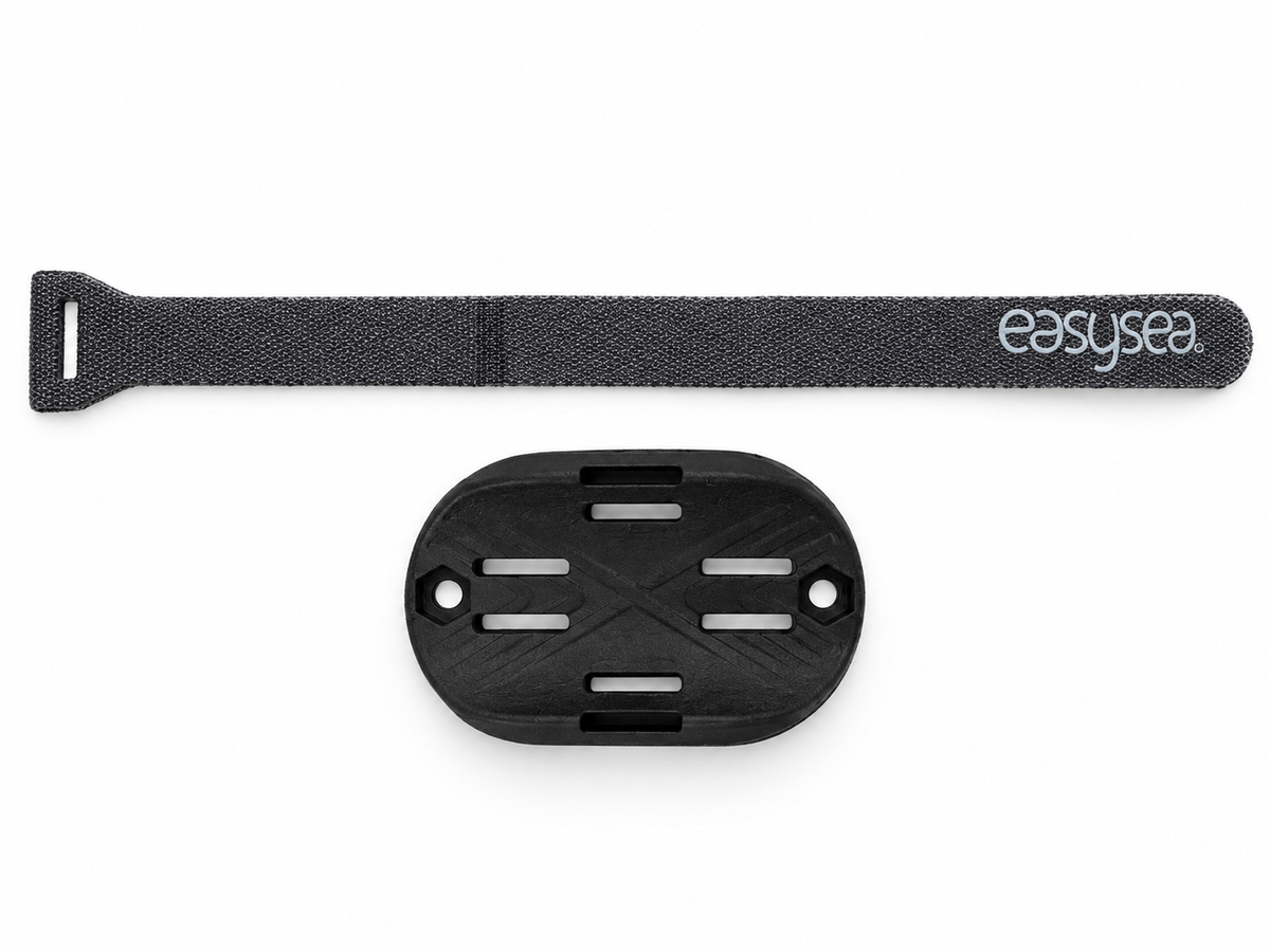 Fidlock mount plate and velcro strap of the Jake system on white background