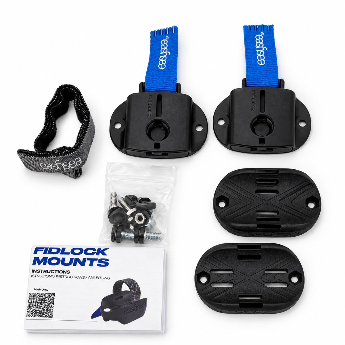 Contents of the Jake Fidlock Mounts kit: two mount plates, blue quick-release straps, strap holder, screws and instructions