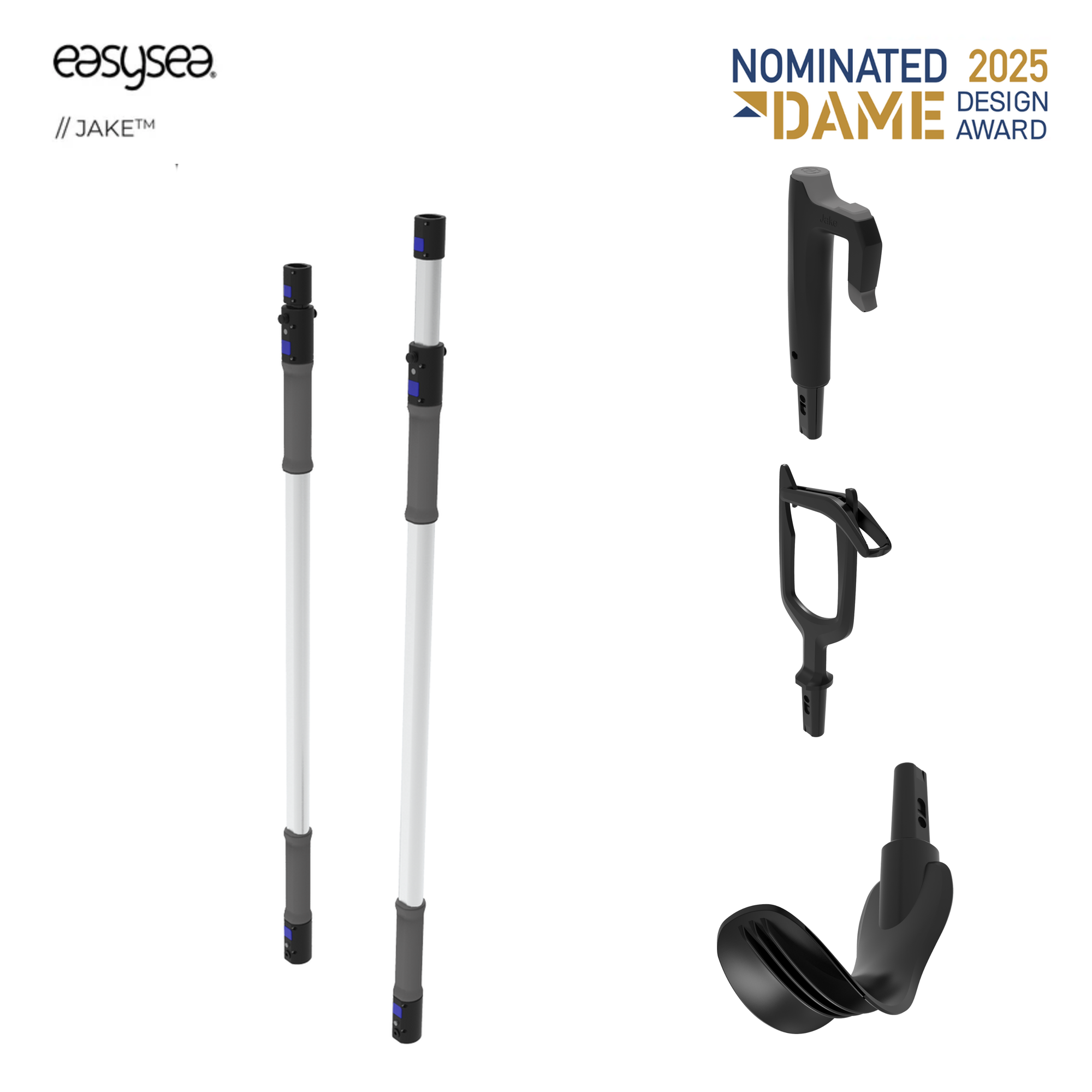 Jake Mooring Kit contents, DAME Design Award 2025 nominee: telescopic pole, boat hook, line-passing and QuickGrip Linemaster heads