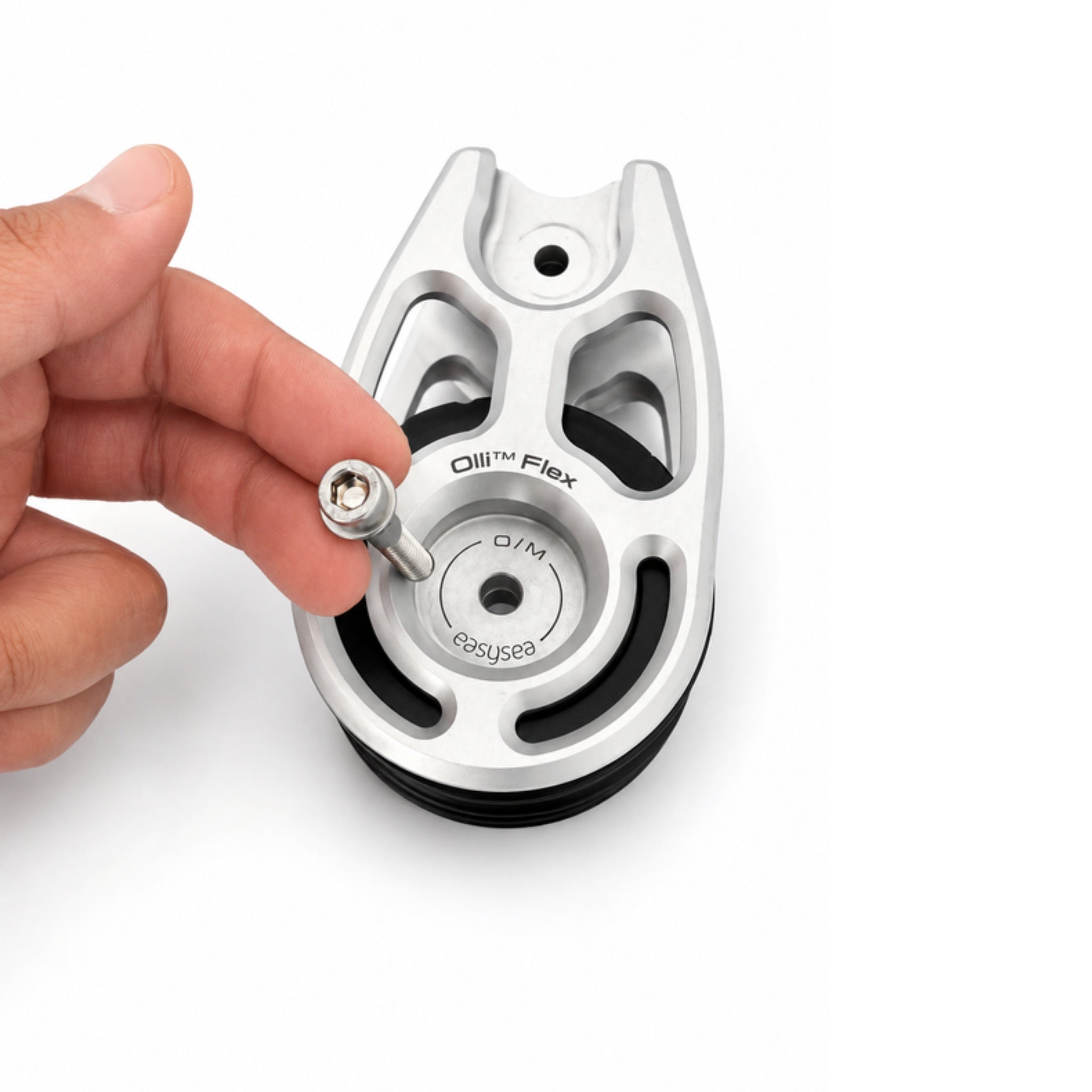 Detail of the sheave axle bolt being fitted into the Olli Flex 50 M body