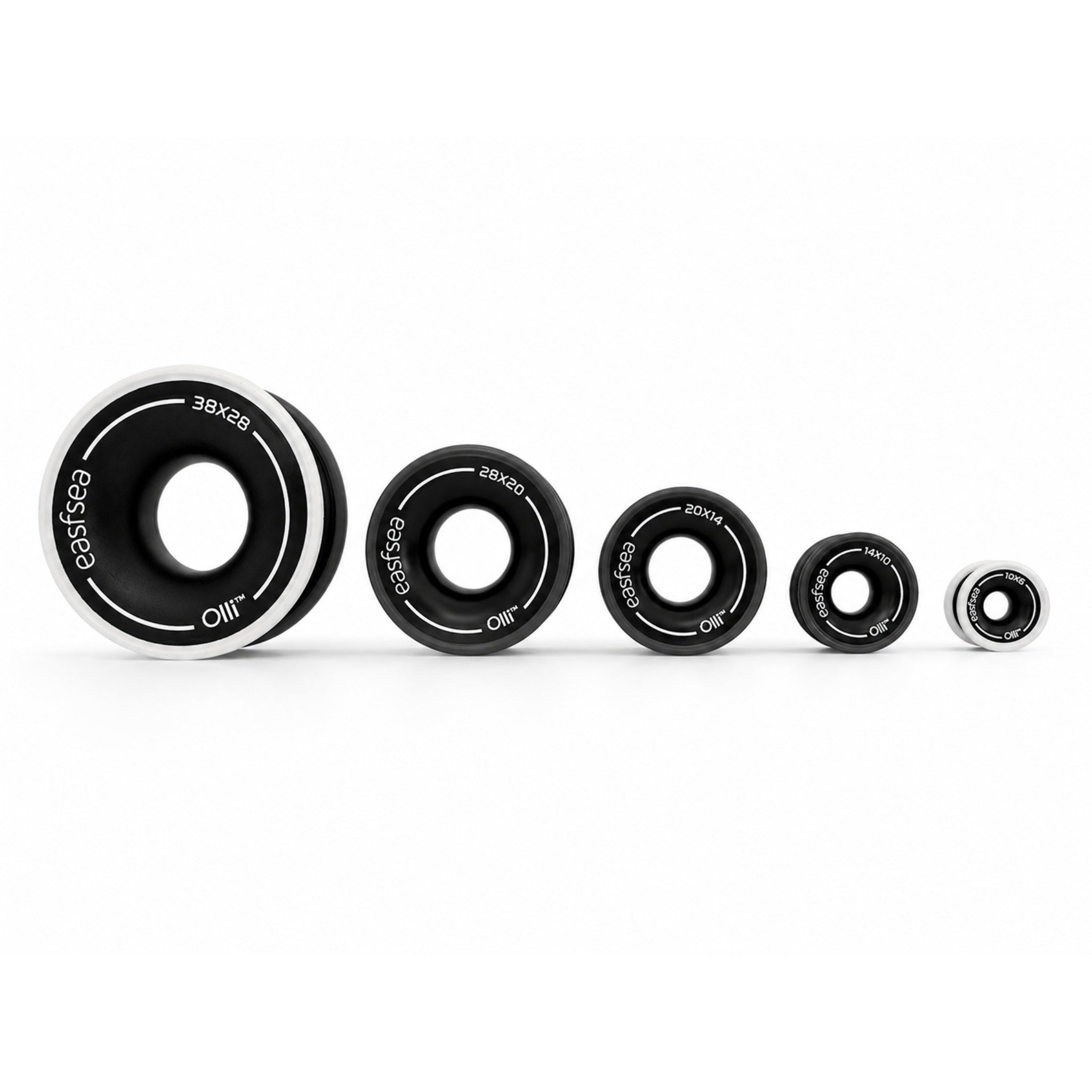 The five sizes of the Easysea Olli low friction ring side by side, from XS to XL