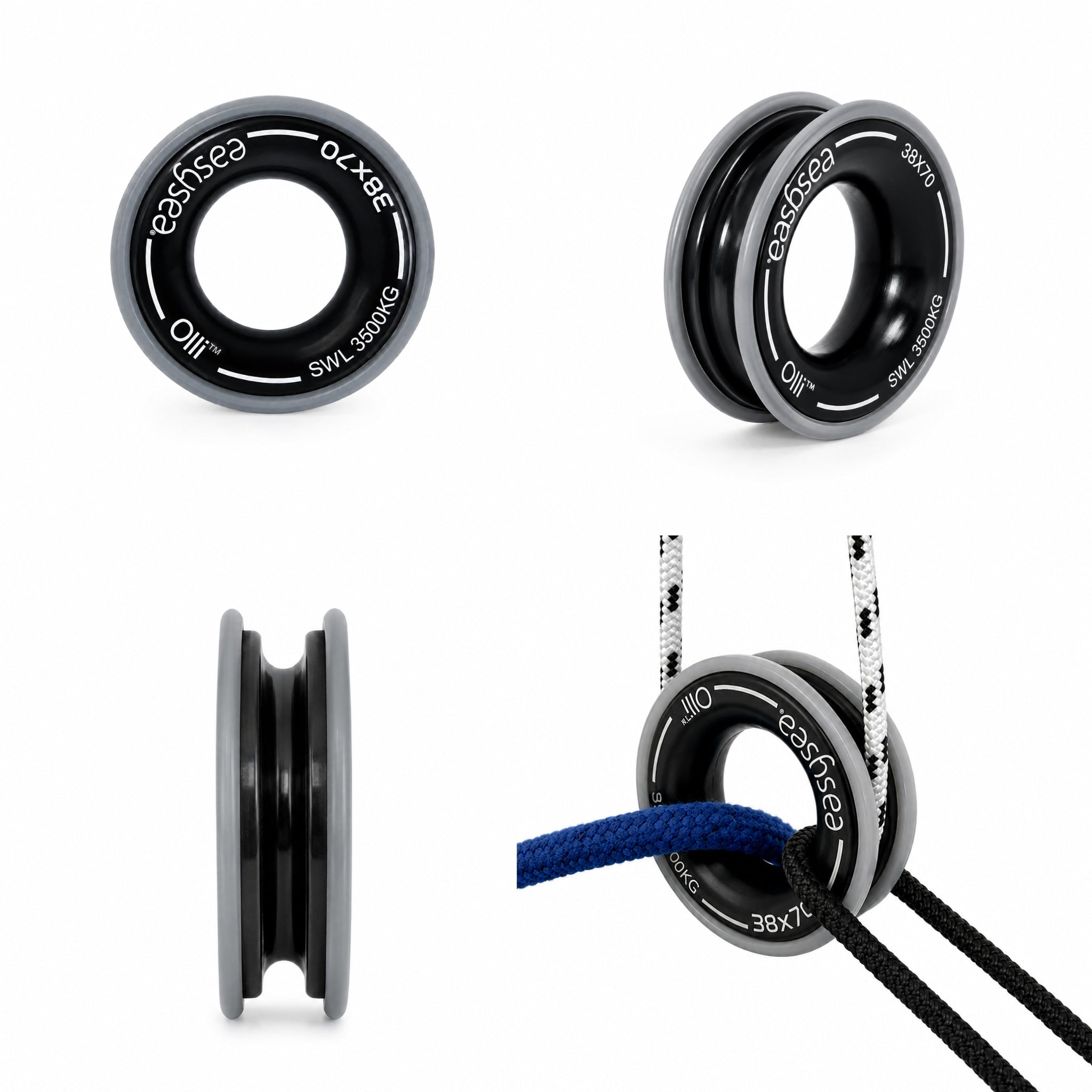 Overview of the Easysea Olli solid ring: front view, 45 degrees, side profile and with line installed