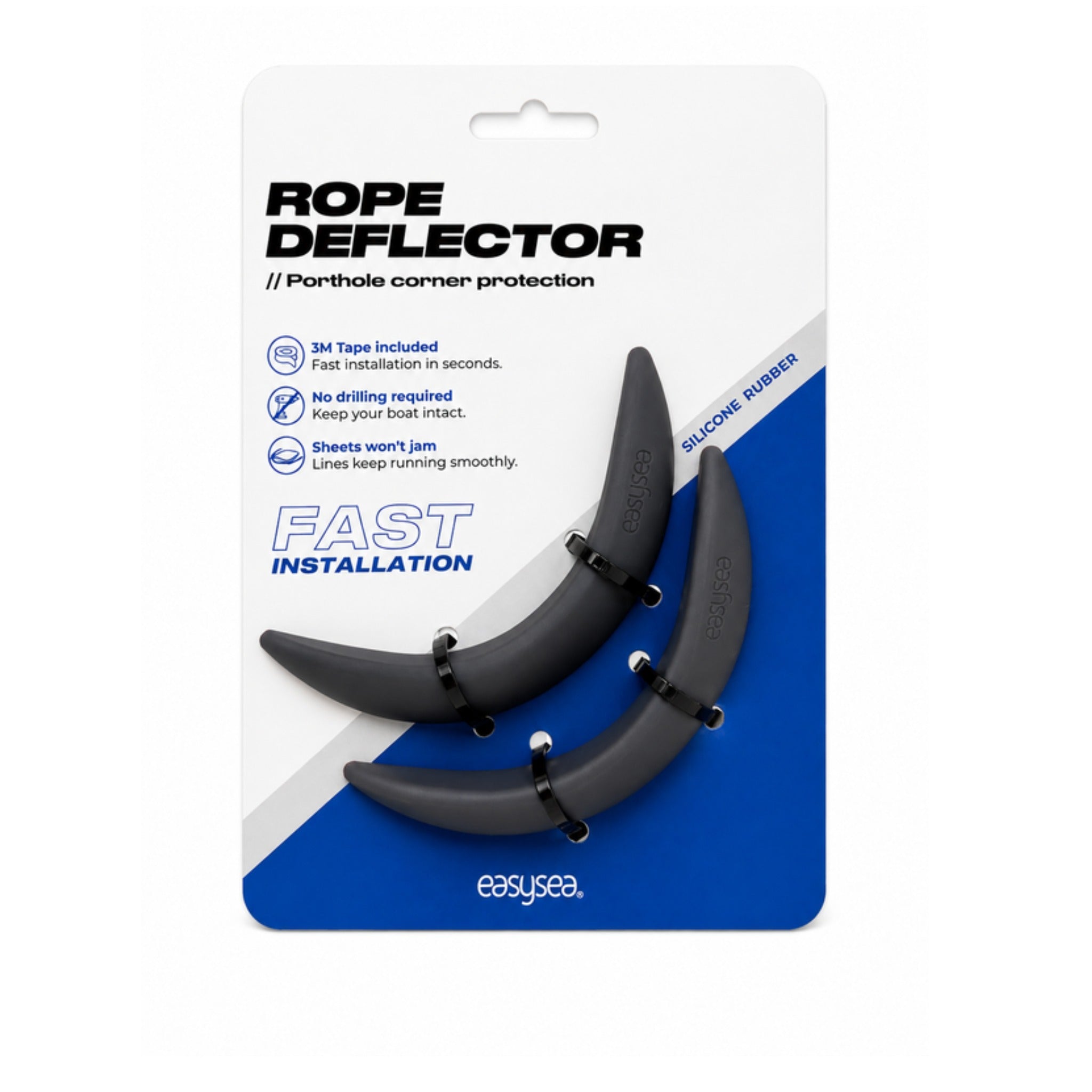 Rope Deflector retail pack containing two silicone rubber deflectors and 3M tape