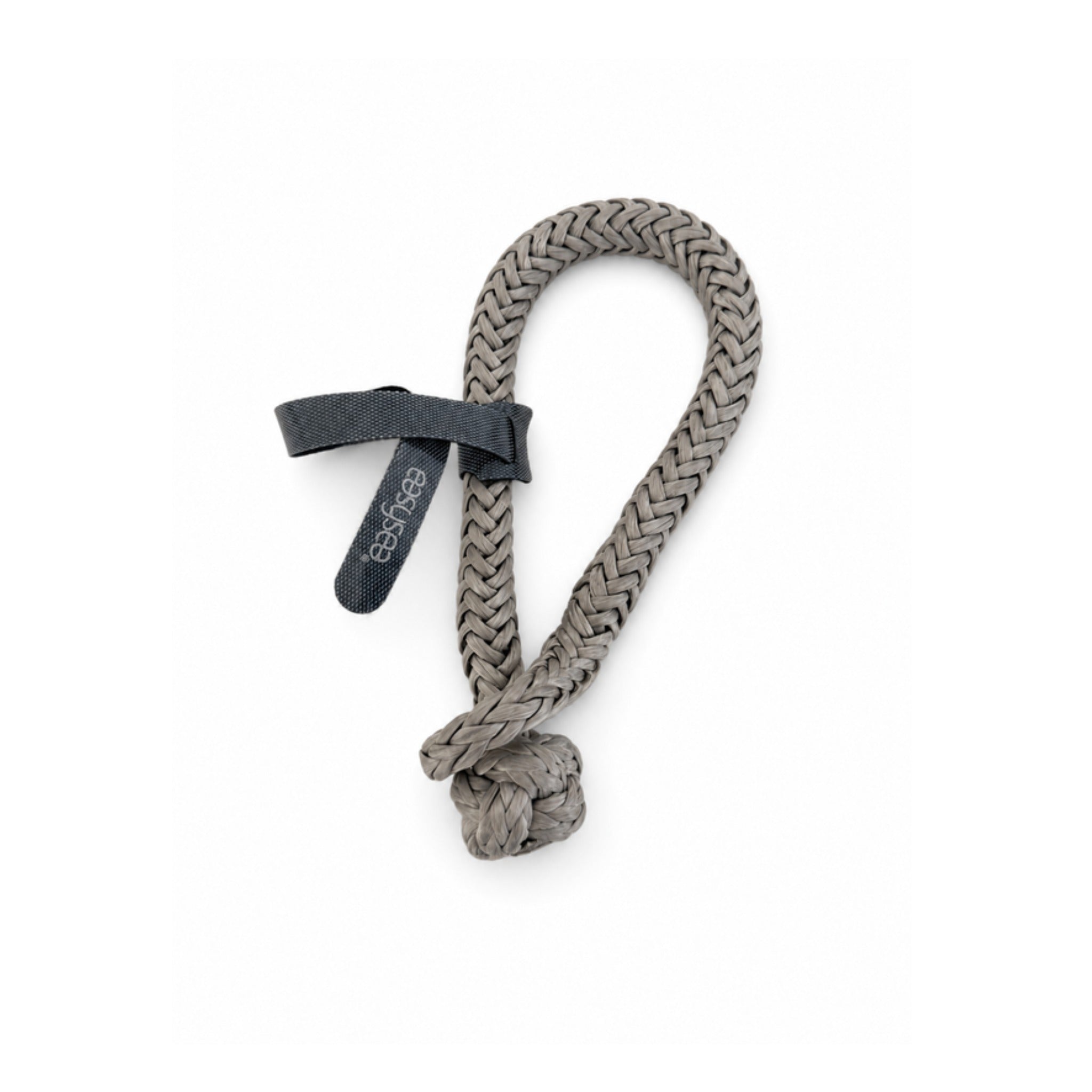 Soft shackle in Dyneema opened, showing the loop, the pull tab and the diamond knot