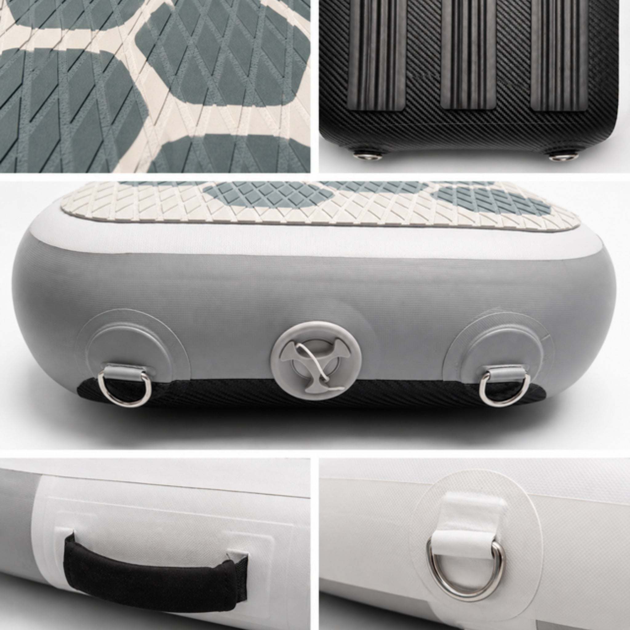 Details of the WAY2 gangway: non-slip texture, inflation valve, stainless D-rings, carry handle and folded size next to a cabin suitcase