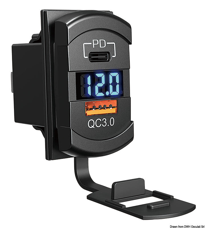 Dual USB-A+C plug + 12/24 V voltmeter - foto originale Osculati Srl