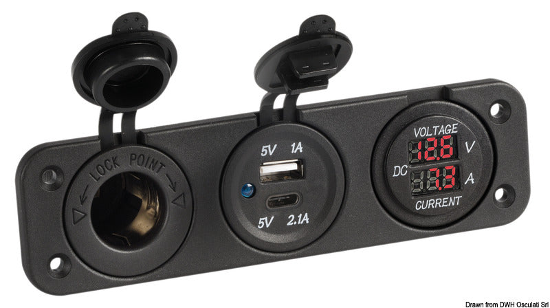 Digital voltmeter and ammeter 12V USB-A + USB-C - foto originale Osculati Srl