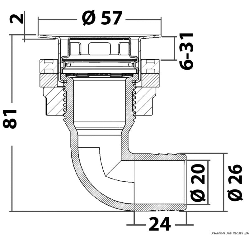 Flush cockpit drain w/AISI 316 head 90° - foto originale Osculati Srl