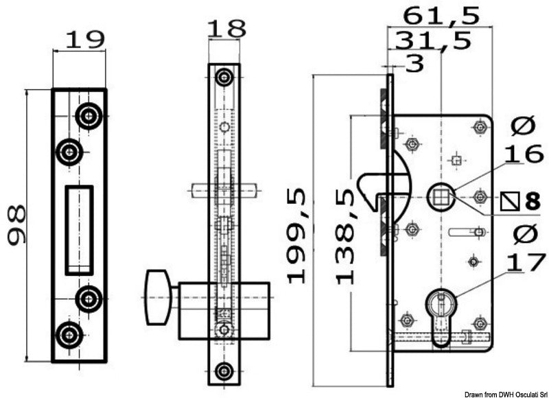 Yale-type external lock 16/38 mm w/projecting hook - foto originale Osculati Srl