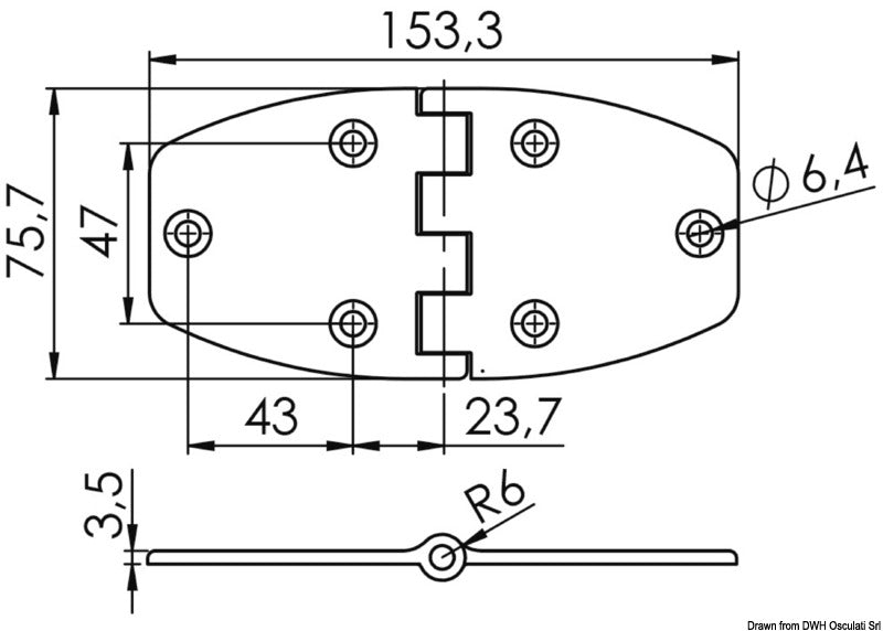 Trapezoidal AISI316 hinge 153x75x3.6mm - foto originale Osculati Srl