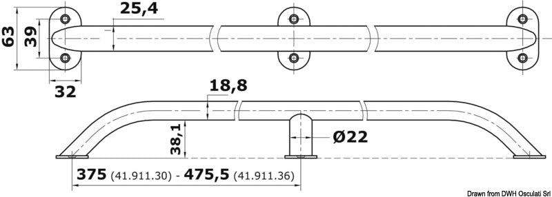 Oval pipe handrail AISI316 19x25 mm 750 mm - foto originale Osculati Srl