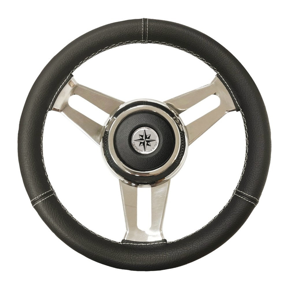 Black leather steering wheel w/SS spikes Ø 350mm - foto originale Osculati Srl