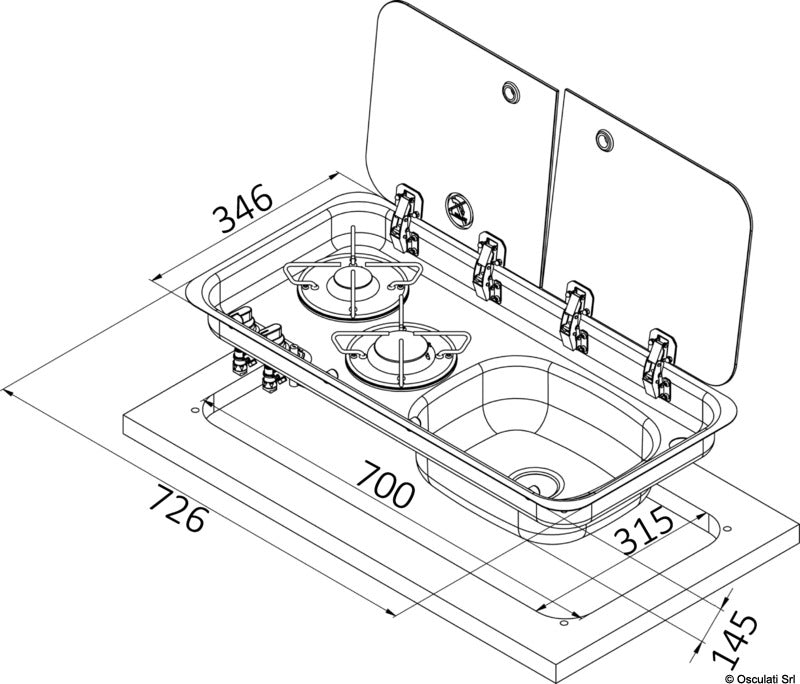 Built-in double hob - right sink w/ glass cover and mixer - foto originale Osculati Srl