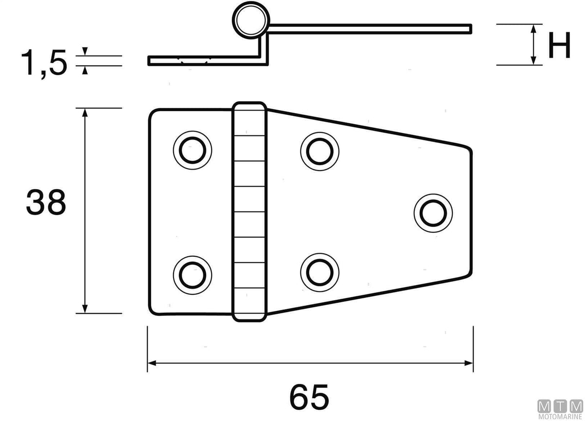 Long offset hinge 38x65 mm H24 mm in stainless steel 316 - original photo Motomarine Srl