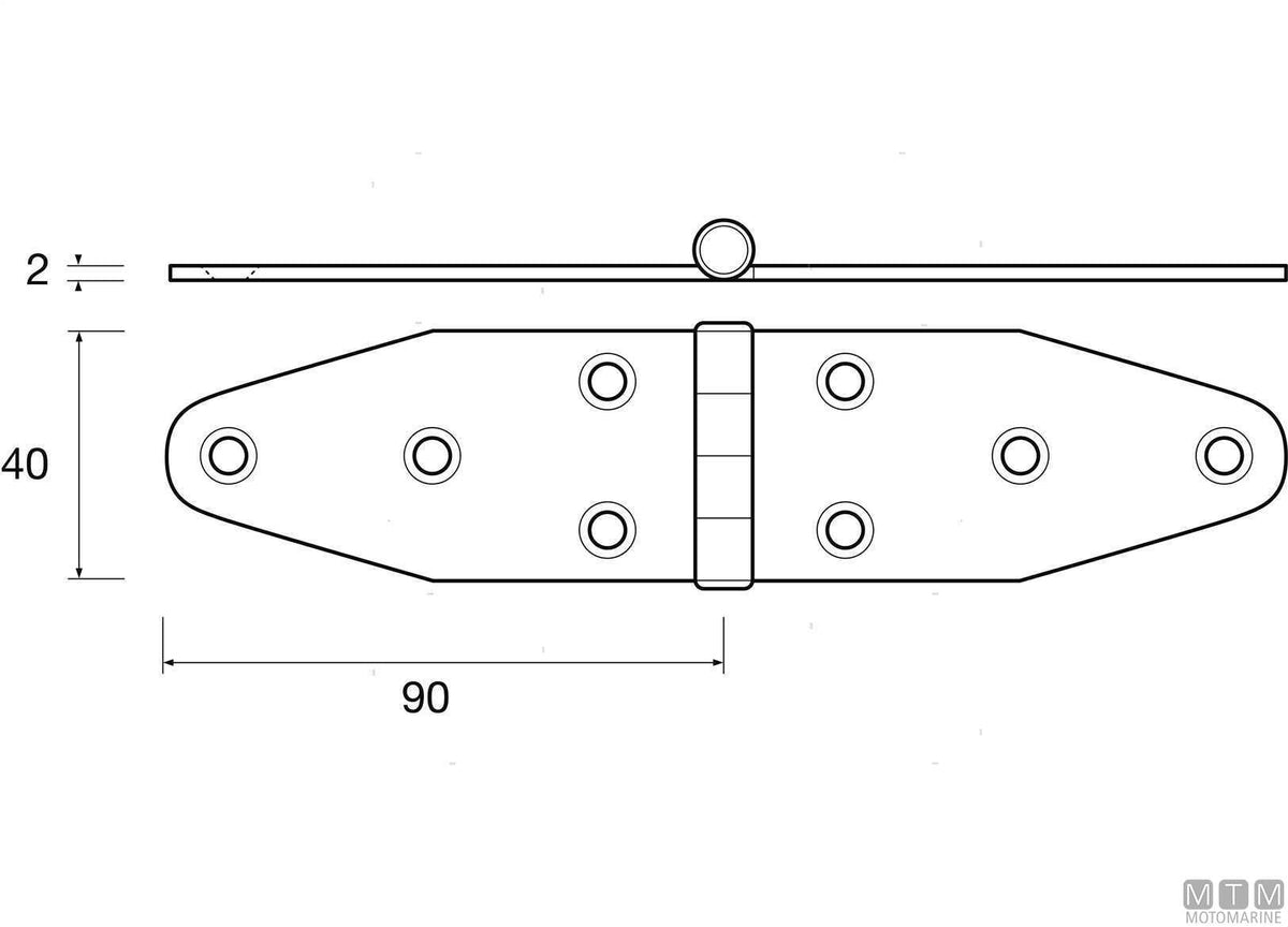 Wing hinge L, upper pin, 40x180 mm, in stainless steel 316 - original photo Motomarine Srl